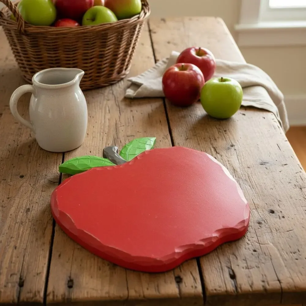 Vintage Wooden Apple Lazy Susan-Red Painted-Folk Art-Farmhouse Kitchen-Country